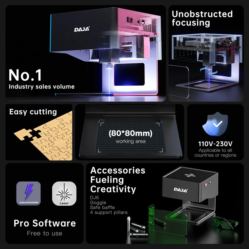 DAJA DJ6 มินิแบบพกพาเลเซอร์แกะสลัก Diy บลูทูธเครื่องทาสีแท็กสุนัขไม้หนังพลาสติกโลโก้เครื่อง CNC
