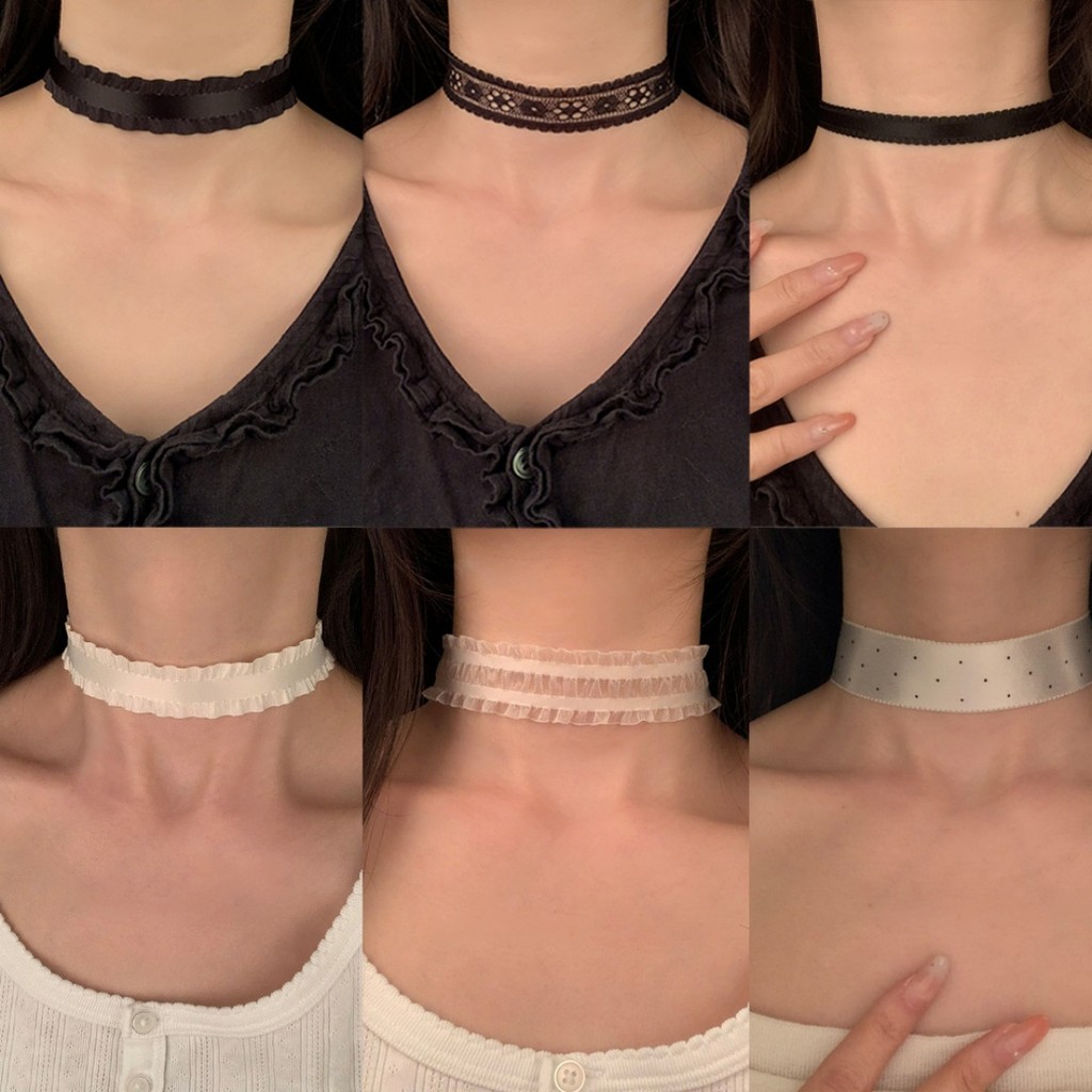 สร้อยคอมีสไตล์ลูกไม้ดอกไม้ สีดำและสีขาว