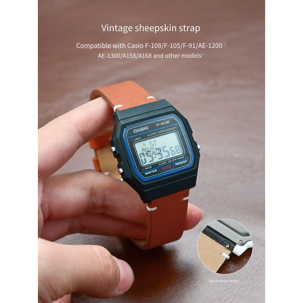 สายหนังแท้ 18 มม. พร้อม Casio สี่เหลี่ยมเล็ก F-91W แถบขยายนุ่มสบาย