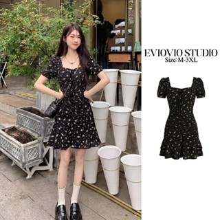 👑EVIOVIO【M-3XL】💞เดรสลายดอกไม้ คอเหลี่ยม เดรสพร้อมส่ง เดรสสาว…