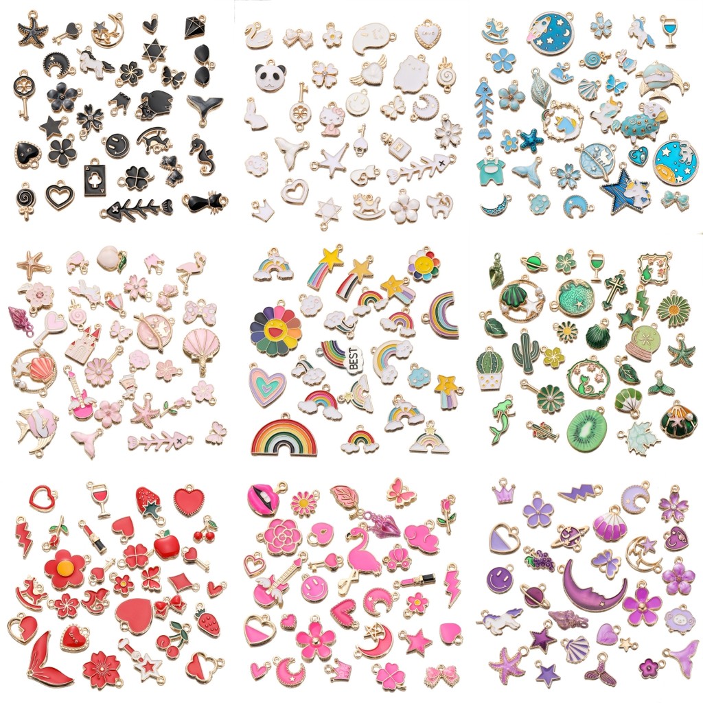 10 ชิ้นโลหะผสมสุ่มผสมสีน้ำมันจี้ รักดาวดอกไม้เล็กๆ ดวงจันทร์ จี้สำหรับ DIY สร้อยข้อมือลูกปัดสร้อยคอจี้