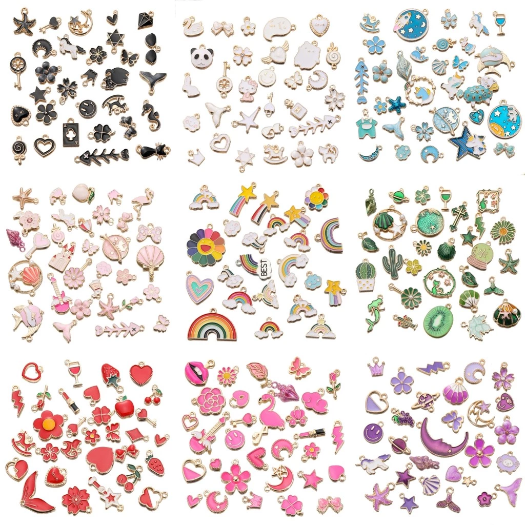 10 ชิ้นโลหะผสมสุ่มผสมสีน้ำมันจี้ รักดาวดอกไม้เล็กๆ ดวงจันทร์ จี้สำหรับ DIY สร้อยข้อมือลูกปัดสร้อยคอจี้
