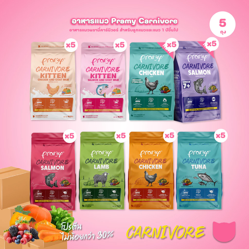 อาหารเม็ดแมวพรามี่ [แพ็ค 5 ถุง] Pramy Carnivore Premium คาร์นิวอร์ ไม่มีผลพลอยได้ ผักผลไม้ 5 สี ขนาด 800 ก.-1 กก.