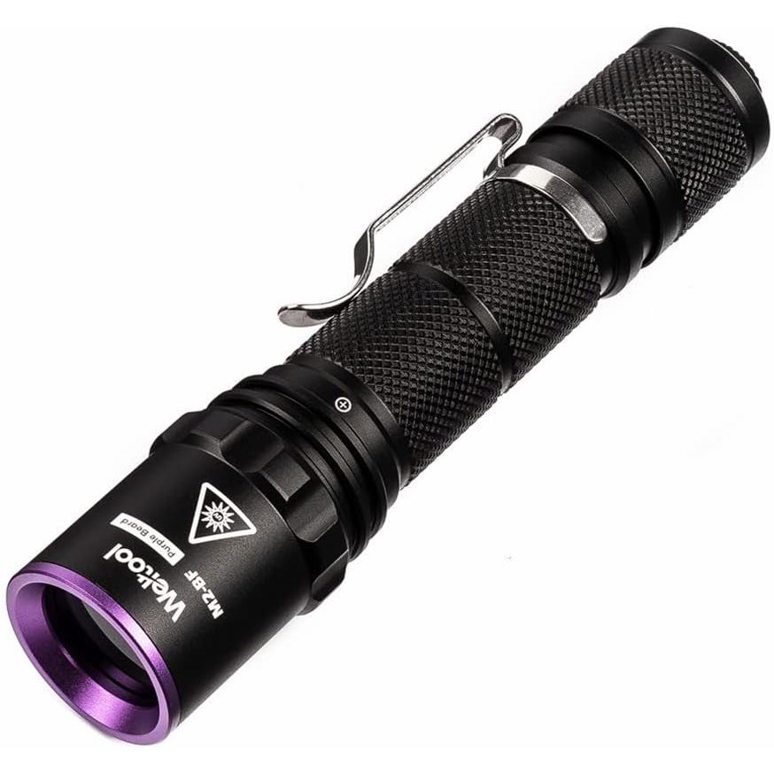 Weltool M2-BF ไฟฉาย UV สแตนเลส ขับเคลื่อนแบตเตอรี่ แสงสีดำ 365nm UV-A, 1800mW, ขนาด 13.5 ซม.