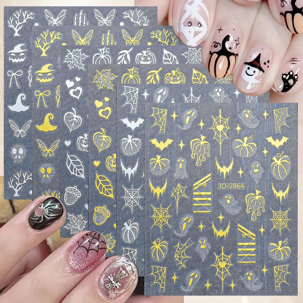 3/6/12 แผ่นสติกเกอร์เล็บฮาโลวีน 3D Gold Silver Spider Web ฟักทอง Skull Nail Art Decals Gothic DIY ตก