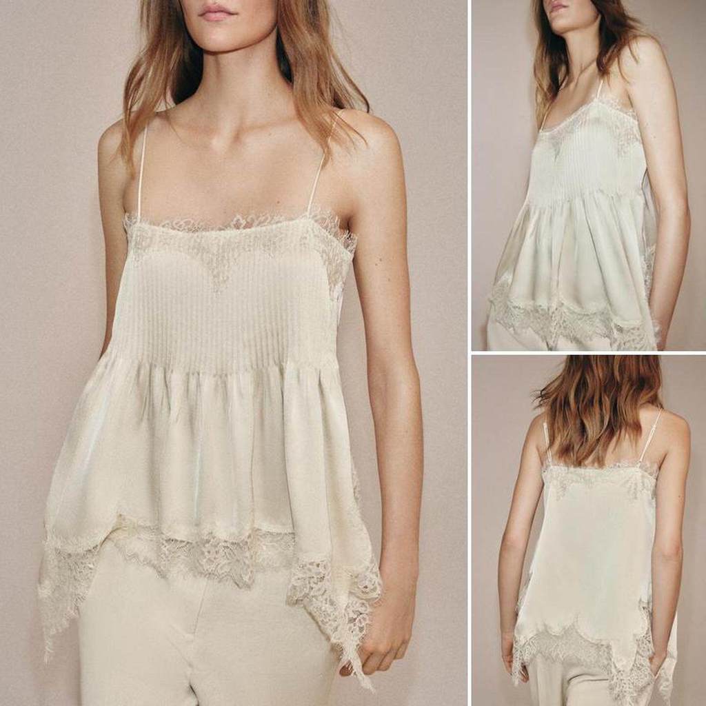 ZA2026 Summer Womens French Sleeve Silk Satin Texture Lace Sling Top5919002