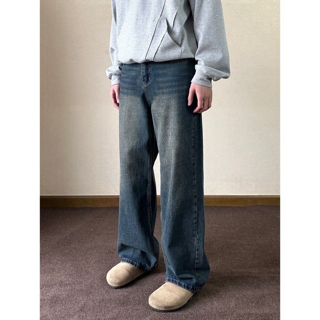 ควันสีเทากางเกงยีนส์หลวม Blue Match แฟชั่น 2026cleanfit 100 2026 Distressed Retro vintagecod หลอดยาว