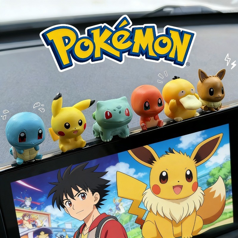 ตกแต่งรถ 6 ชิ้น/เซ็ต Pokemon Anime Figures ของเล่น Pikachu Charmander Bulbasaur EEVEE Psyduck Squirtle PVC Action Figure ของเล่น