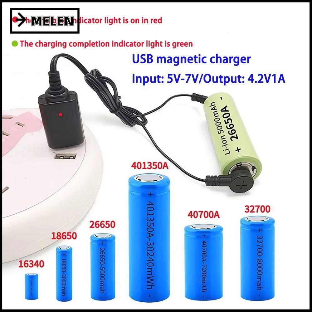 MELEN สายชาร์จแบตเตอรี่ 1 ชิ้น, USB Universal Lithium Battery Charger, 3.7V 4.2V Magnetic USB Magnetic Charger สําหรับ 18650 16340 26650 แบตเตอรี่
