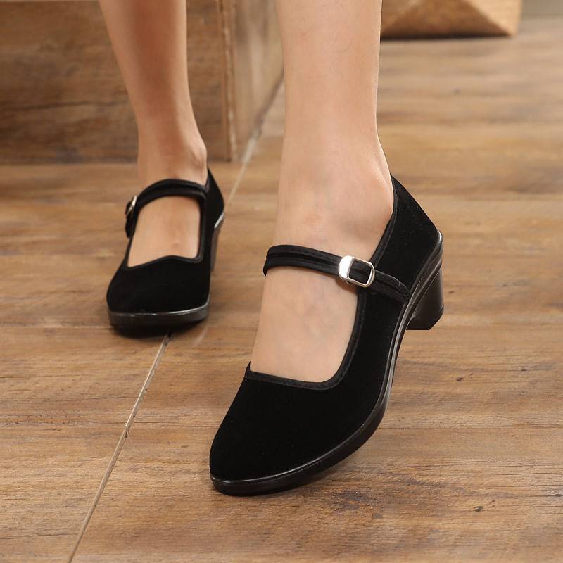 Cloth Shoes Women's Thin Shoes Low-Cut Mid-High Heel Etiquette Dancing Shoes Black Hotel Work Shoes 