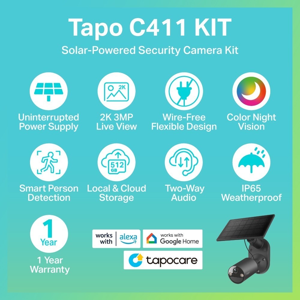 TAPO C411 KIT กล้องวงจรปิด 3MP พร้อมโซลาร์เซลล์ Solar-Powered Security Camera Kit