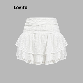 (KOL‘s pick) Lovito กระโปรงผู้หญิง ผ้าลูกไม้ สีพื้น สไตล์น่า…