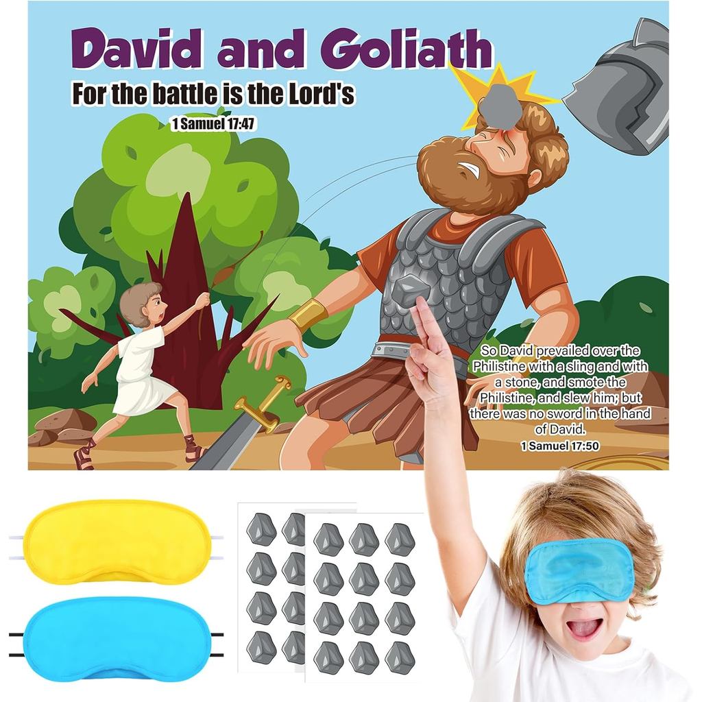 David และ Goliath ชุดเกม Pin หินบนเกม Goliath Christian Bible Story Party ตกแต่ง 24 สติกเกอร์หินกิจก