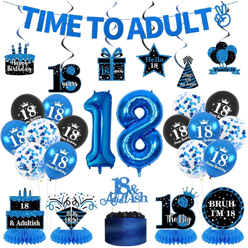 Trowaul Happy 18th Birthday Decoration for Boys, 26 ชิ้นสีดําสีฟ้า 18th Party Supplies, Time To Adul