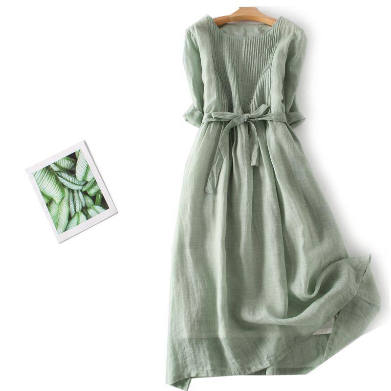 XUHENJIAN Seckill ผมตรง Original Art Retro รอบคอ Ramie กระโปรงยาว 2024 ฤดูร้อน Lace-Up สาม Quarter แ