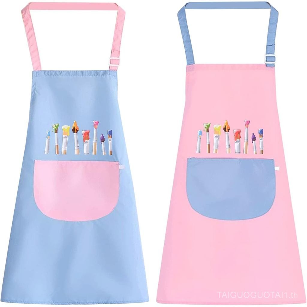 2 Pack Children's Apron, Pink and Blue Cute Kids Apron, Adjustable Waterproof Apron with Big Pocket,