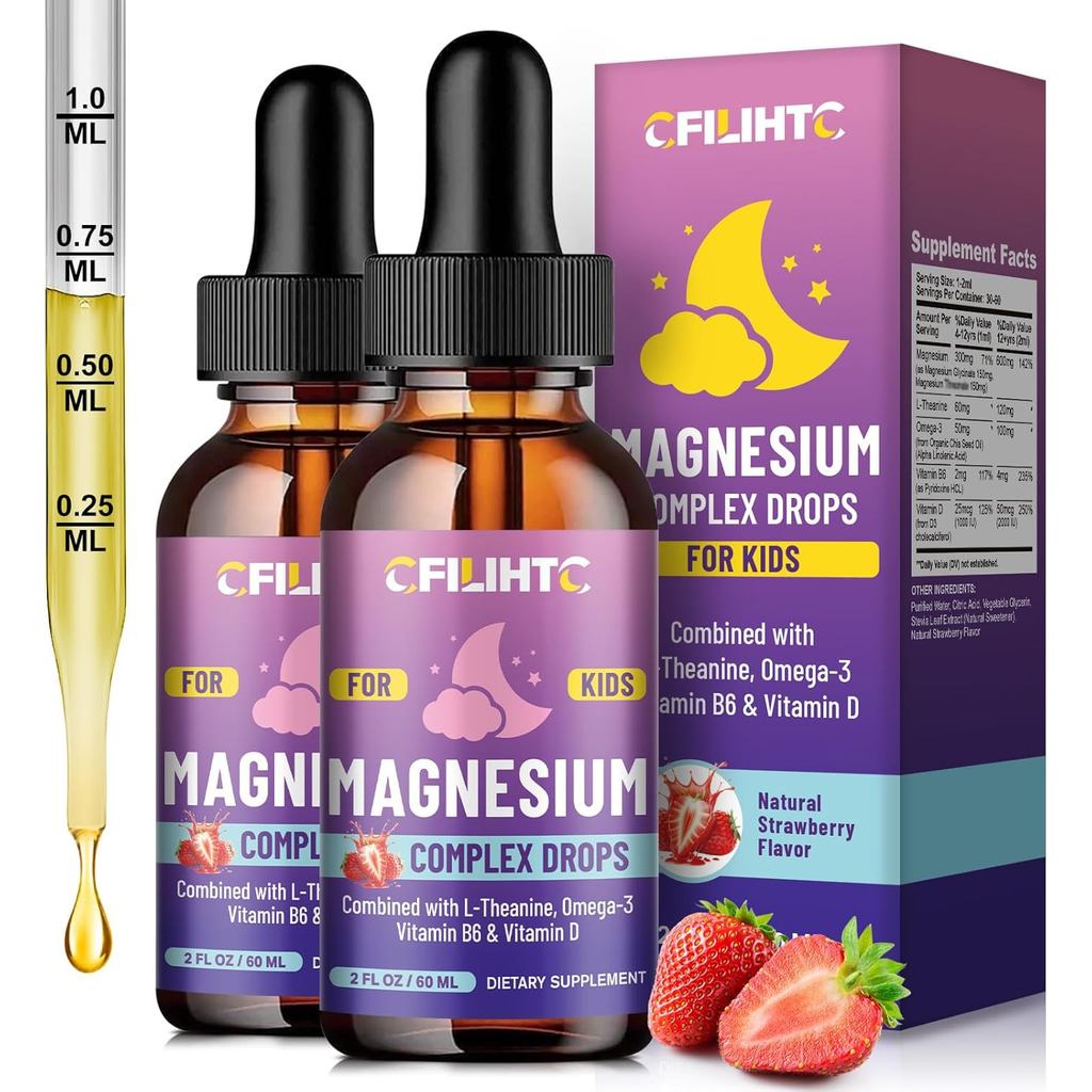 Kids Magnesium Liquid Drops-Magnesium Glycinate Liquid for Kids plement-w/L-theanine, Omega-3, Vitam