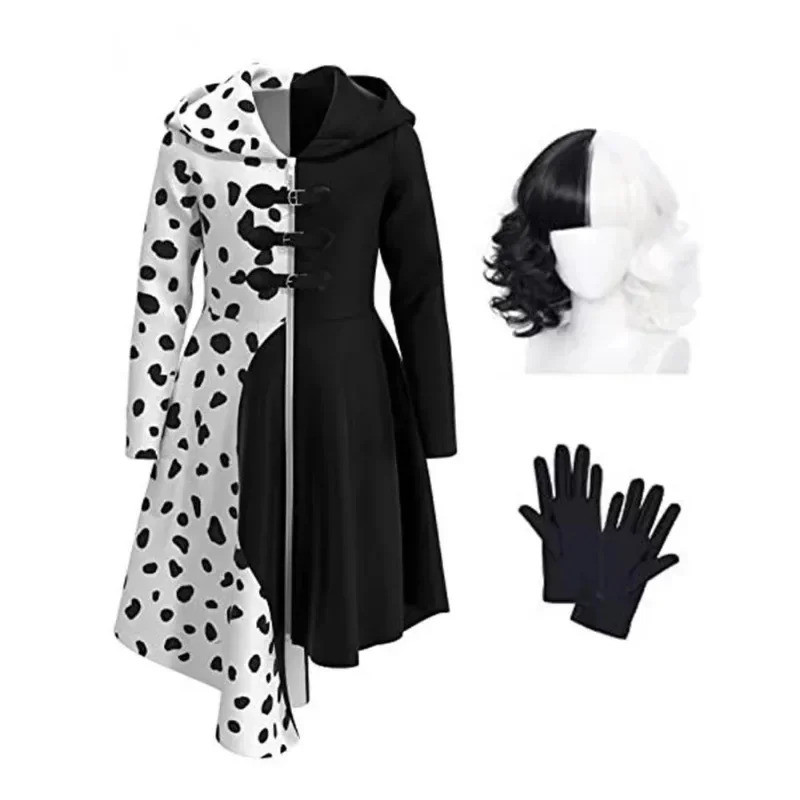 อะนิเมะ Cruella De Vil คอสเพลย์เครื่องแต่งกายแม่บ้านชุดฮาโลวีนเครื่องแต่งกายสําหรับผู้หญิง Vestido บ