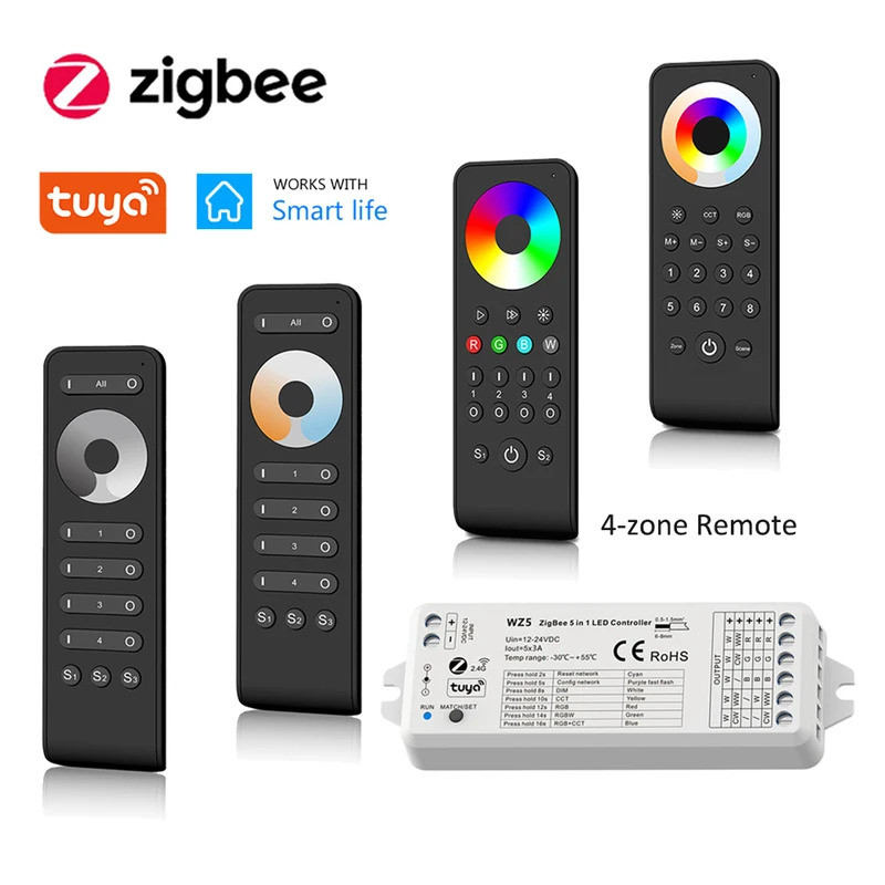 5in1 Tuya Zigbee 3.0 LED Controller Dimmer CCT RGBW RGB + CCT RGBCW Strip 12V 24V 2.4G Remote fr Ale