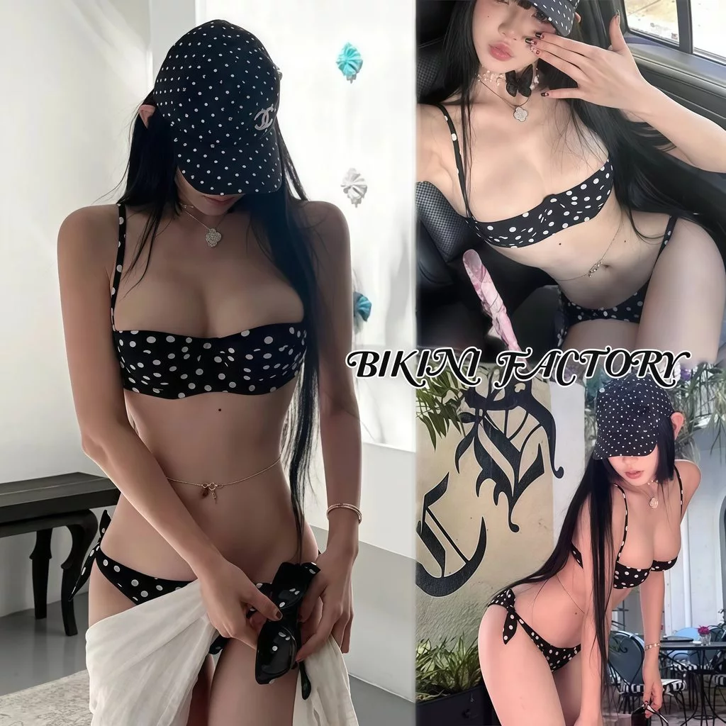 ส่งไวจากไทย!! ชุดบิกินี่ทูพีช Polka Dot บิกินี่ลายจุดสีดำ มีฟองน้ำ สไตล์เกาหลี 🖤 มีไซส์ S-L | น้ำหนัก 38-58 กก. Y763