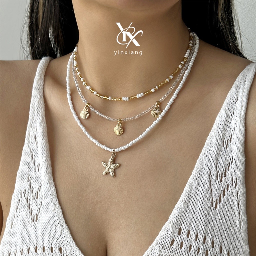YX Layered Beaded Pearl สร้อยคอชุดปลาดาว Y2K ความงาม 3PCS เครื่องประดับของขวัญสําหรับผู้หญิงสาวอุปกร