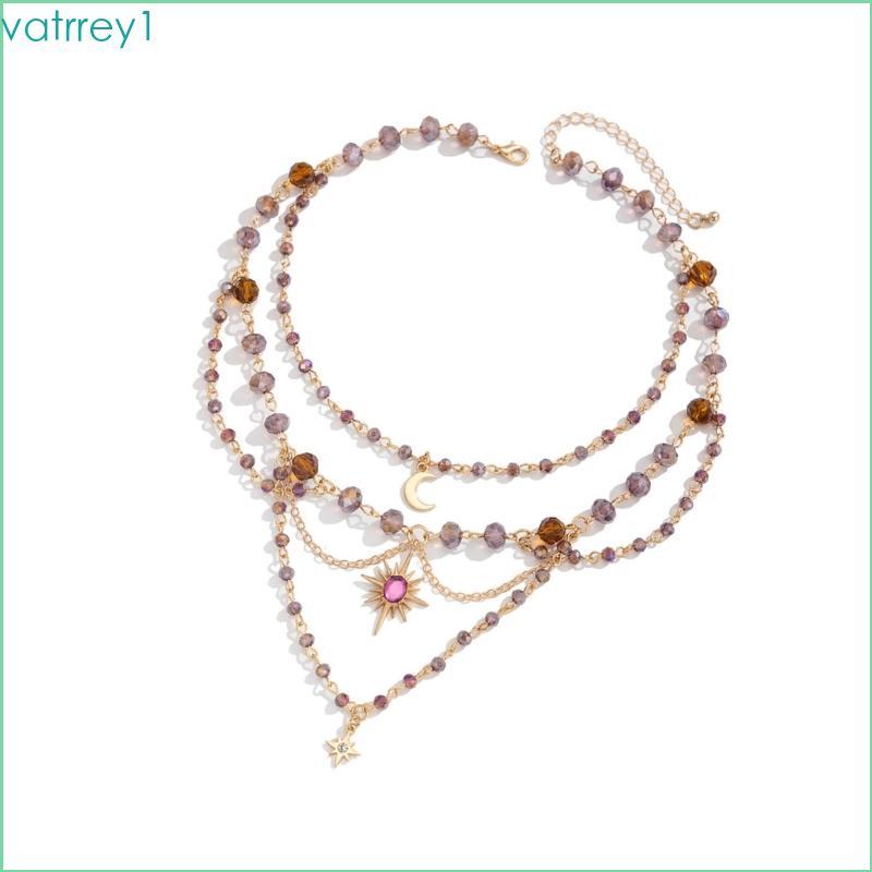 VAT1 ไม่สม่ําเสมอ Moon พู่สร้อยคอเลียนแบบคริสตัลลูกปัด Fringe Neckchain Choker
