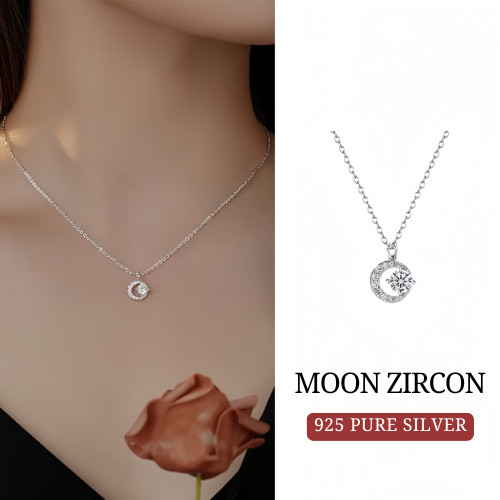MEET💕พร้อมส่ง สร้อยเงิน Moon Zircon สร้อยจี้เพชร สร้อยแฟชั่น สไตล์เกาหลี สร้อยคอเงินแท้ สร้อยคอเงิน X014