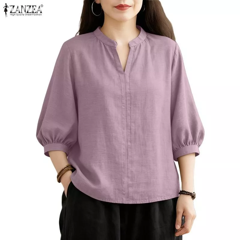 ZANZEA ผู้หญิงสไตล์เกาหลี เสื้อลายเรียบ คอสามส่วนแขนหลวม สไตล์แฟชั่นmodern