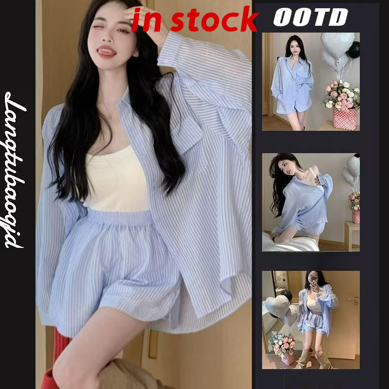 [Grojoy] (คลังสินค้าพร้อม) ชุดสูทลายทางแฟชั่นเสื้อเชิ้ตลําลอง+กางเกงขาสั้น ชุดสูทสองชิ้น GRL243 #