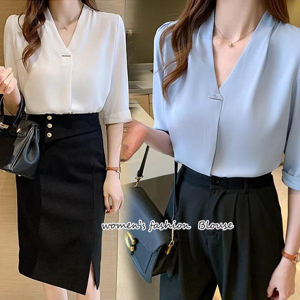 mimi&didi#เสื้อเชิ้ตคอวีสีขาวเรียบง่าย เหมาะสำหรับใส่ทำงาน เสื้อเชิ้ตไซส์ใหญ่ที่ดูดีมีสไตล์ โดยเฉพาะสำหรับผู้หญิง#99335