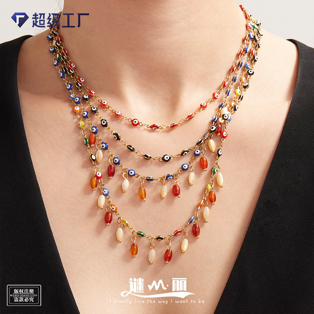 Mystery Creative Dripping Oil สร้อยคอตาปีศาจ Dopamine สีอาเกตธรรมชาติ Flow โซ่กระดูกไหปลาร้าสแตนเลส 