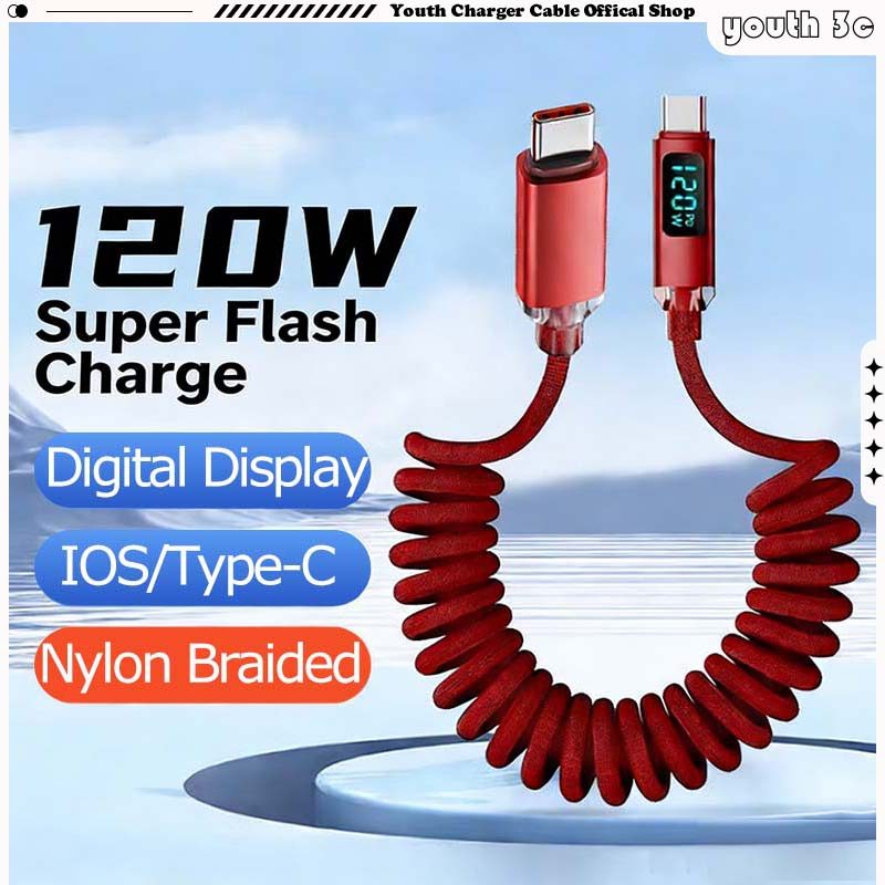 ประเภท C/USB ประเภท C คอยล์ฤดูใบไม้ผลิ Telescopic Car Charger สาย 120W Super Fast สายชาร์จข้อมูลไนลอนถัก 6A ชาร์จโทรศัพท์สายไฟสําหรับ IOS/Type C