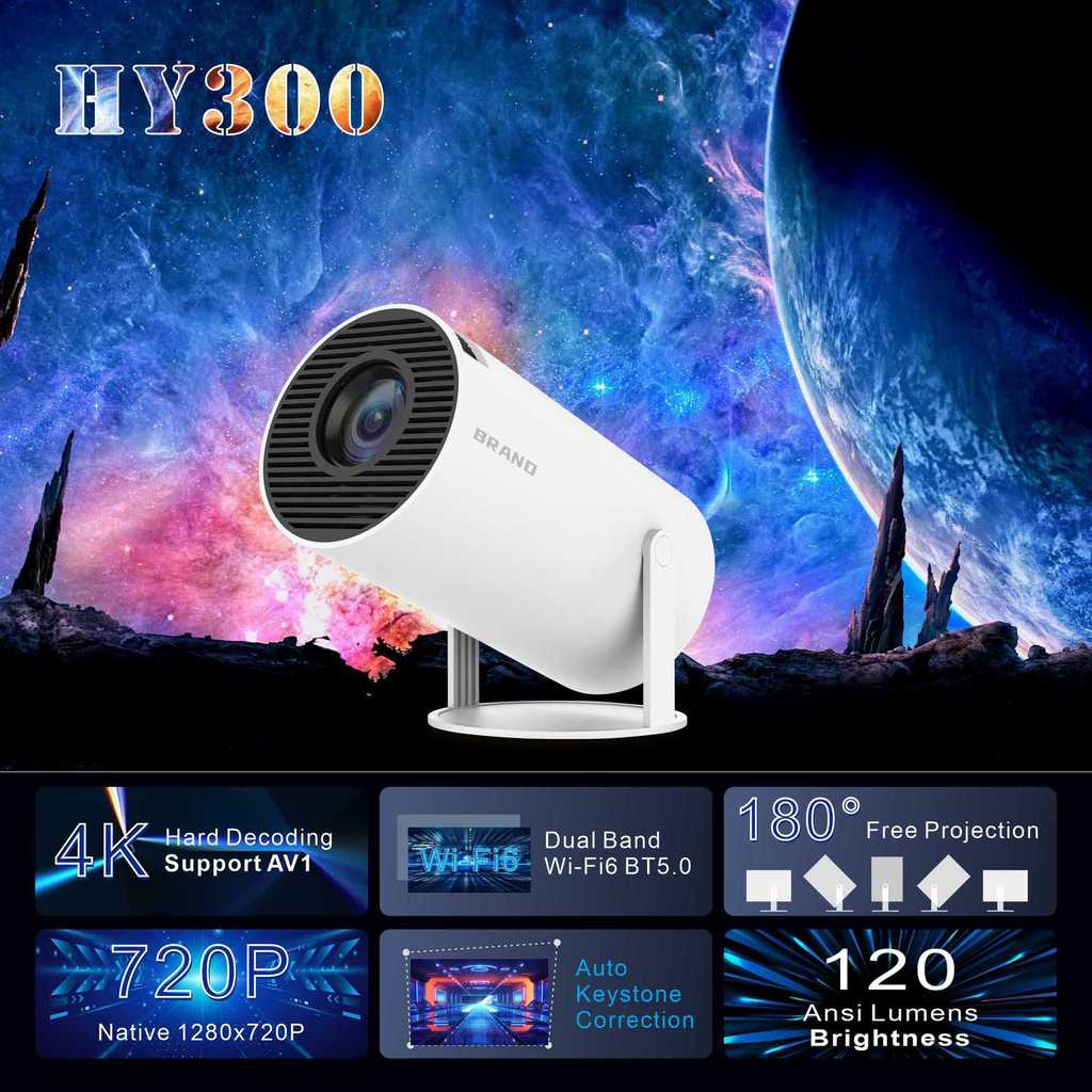 โปรเจคเตอร์ HY300/HY300pro แบบบาร์เรล สมาร์ทแอนดรอยด์ 4K สไตล์บ้าน ฉายภาพไร้สายแบบพกพา