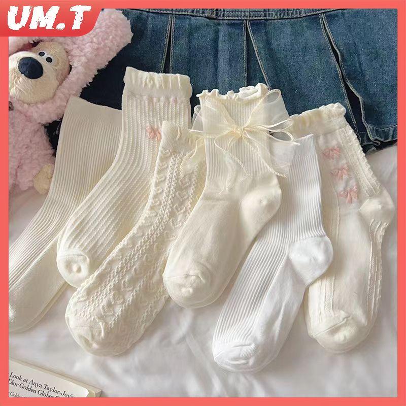 UM.T 1 คู่ Lolita Sos Bow กลางหลอด Preppy สไตล์เจ้าหญิง Sos JK Streetwear