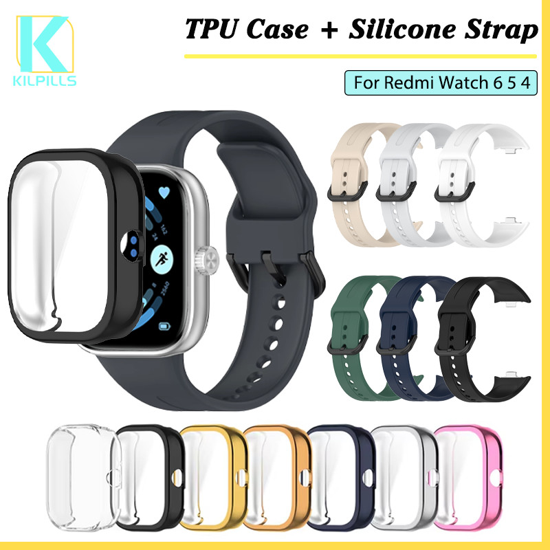 กรณี TPU + สายซิลิโคน for Smartwatch Xiaomi Redmi Watch 6 5 4 อุปกรณ์ปกป้องหน้าจอของสายพานยางกีฬาอ่อน