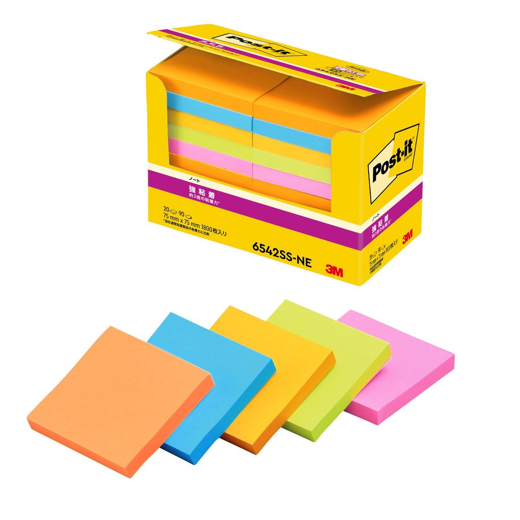 3M Post-it Notes Strong Adhesive Big Neon Colors 75×75mm 90 sheets × 20 pads 6542SS-NE