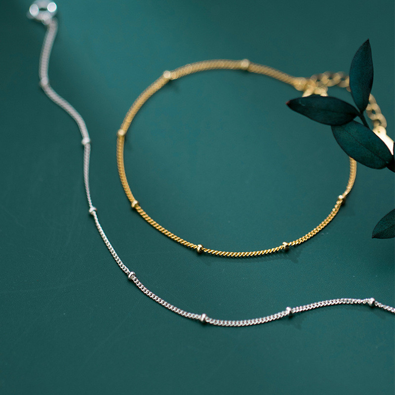 โซ่ทอง 18k 925 สร้อยคอเงินสร้อยข้อมือ Curb Chain W/ลูกปัดขยายปรับประทับตรา