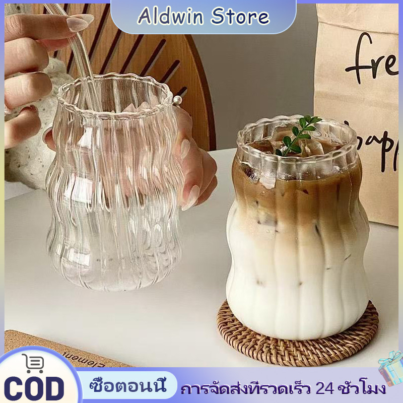 ALD แก้วใส่เครื่องดื่ม 530ml. ใส่ได้ทั้งร้อนและเย็น แก้วบอโรซิลิเกต สไตล์เกาหลี แก้วใสลายตรง