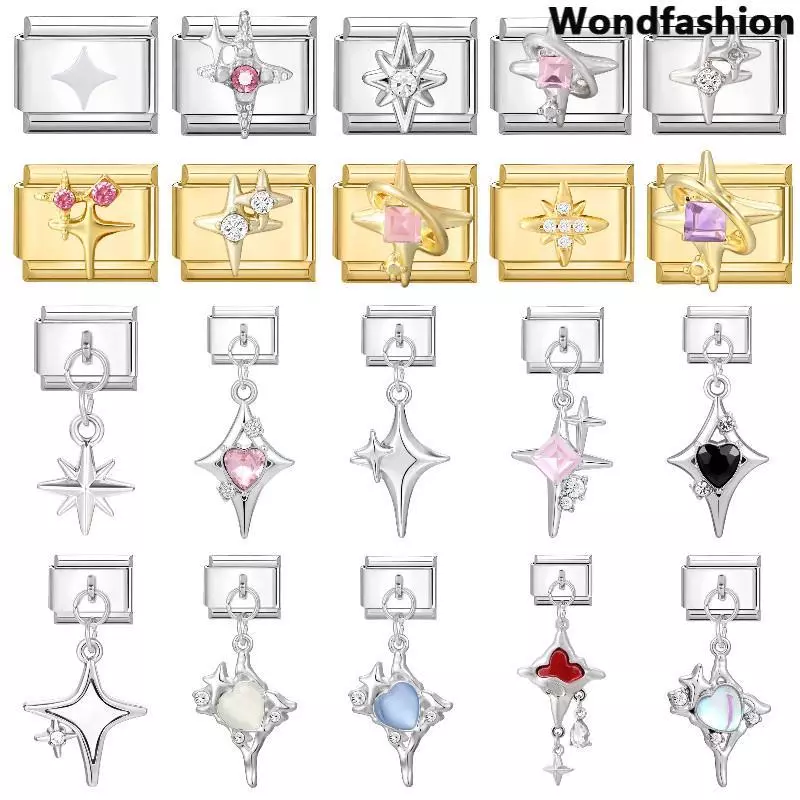 Four Pointed Star สร้อยข้อมือ Charm อิตาเลี่ยน Fit 9 มม.สร้อยข้อมือสแตนเลส DIY เครื่องประดับทําอุปกรณ์เสริม Retro บุคลิกภาพโมดูลสร้อยข้อมืออุปกรณ์เสริม