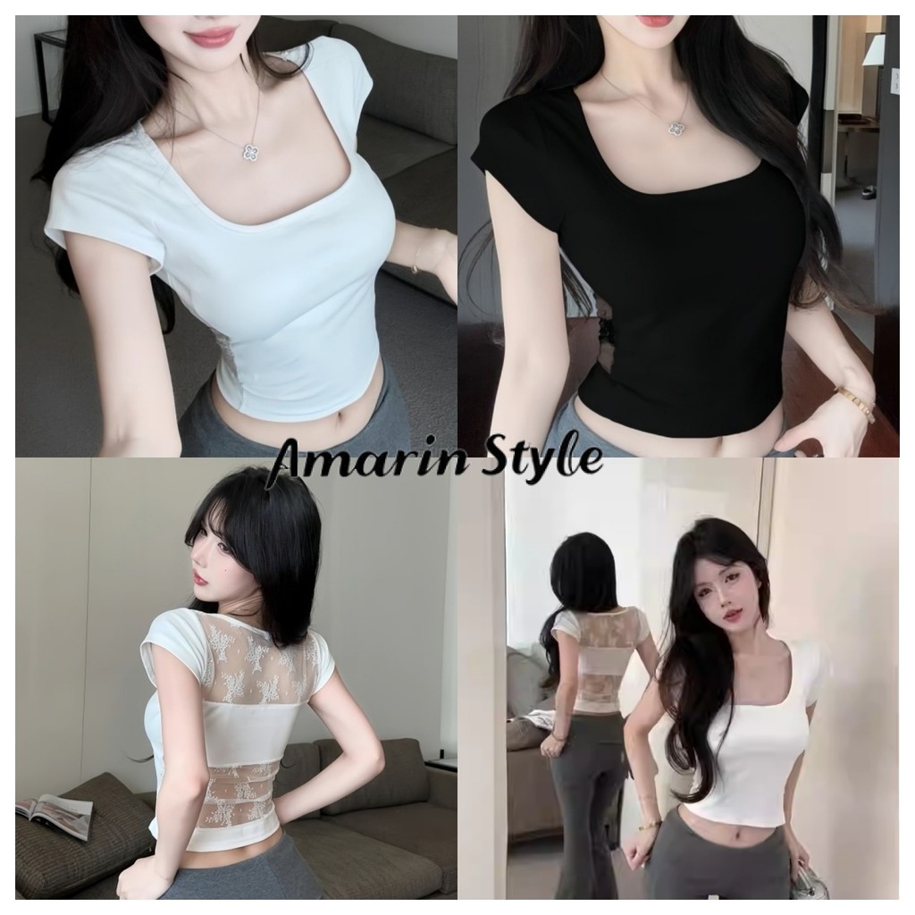 Amarin🌸พร้อมส่ง🌸 เสื้อยืดครอปแขนสั้น ซีทรูลูกไม้ สีพื้น ใส่สบายมาก ไซส์พอดีตัว FYA17