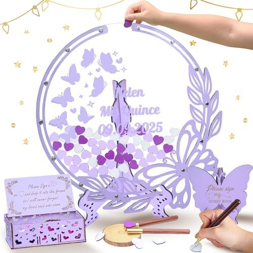 Custom Quinceanera Butterfly Guest Book Alternative, Butterfly Quinceañera Guest Book หัวใจไม้, ส่วน