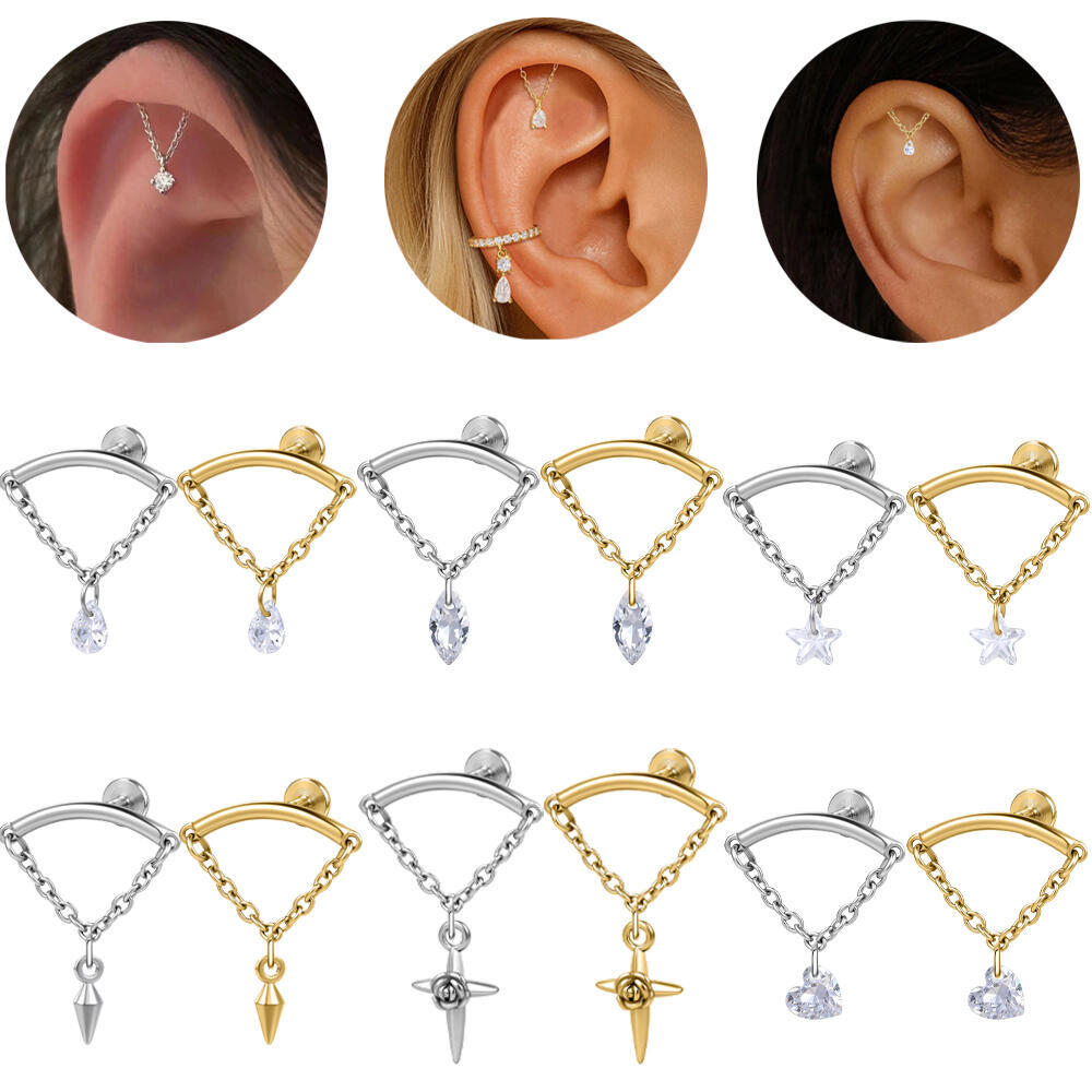 1 PC สแตนเลสสตีลต่างหูเจาะ 16G Ear STUD Heart Star คริสตัลต่างหู Rose Cross Helix Conch กระดูกอ่อน Daith เจาะ 6 มม.ด้ายภายใน Drop STUD ต่างหู