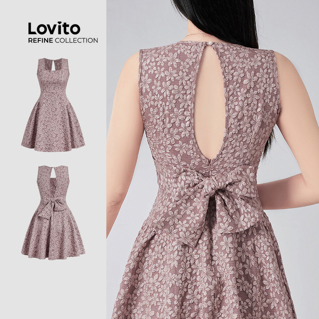 (Lovito Refine) เดรสลำลองสำหรับใส่ทำงาน เดรสสีชมพูผ้าแจ็กการ์ดเปิดหลังสุดคลาสสิกและใช้งานได้หลากหลาย สำหรับฤดูใบไม้ผลิ/ฤดูร้อน สำหรับผู้หญิง LR21E018