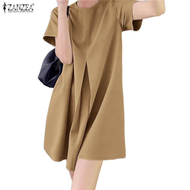 Zanzea ชุดเดรสเอไลน์สไตล์เกาหลี มินิมอล แขนระแก้มแบบรากลัน และเน้นลายพเลทตี้.texture สำหรับผู้หญิง
