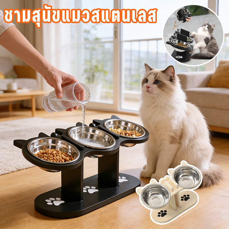 ชามสัตว์เลี้ยงสแตนเลส ชามแมวยกสูง ชามอาหารสัตว์ ชามเอียง ชามสัตว์เลี้ยงยกระดับ สามชาม ปรับความสูงได้
