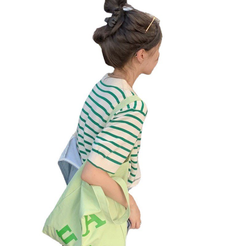 เสื้อ arrow lite เสื้อโปโล เสื้อถักคอโปโลแนววินเทจเสื้อแขนสั้นลายทางสำหรับผู้หญิงเสื้อยืดทรงหลวมแบบเ