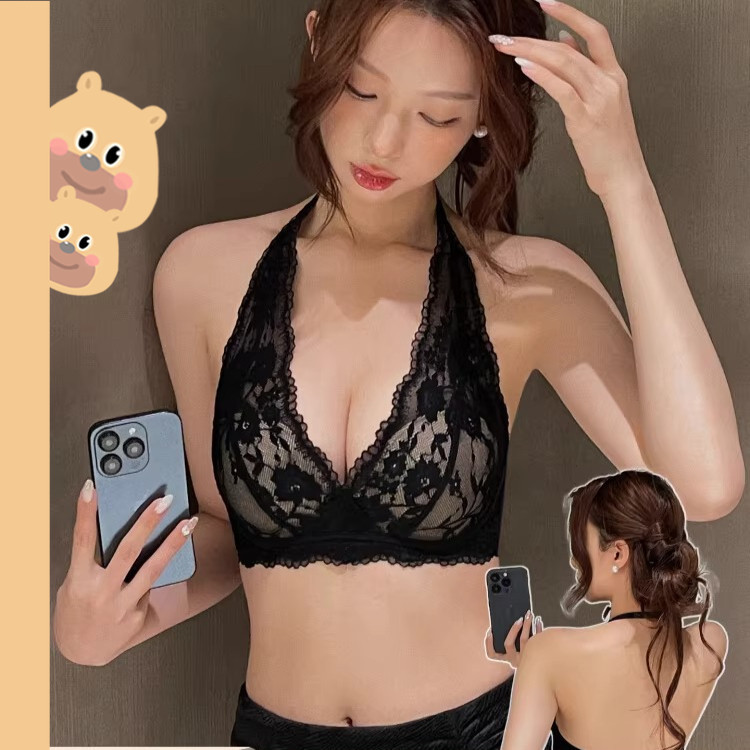 🎀bearbra🎀เซ็กซี่ ชุดชั้นในสีดำ บราลูกไม้ ไม่มีแหวนเหล็ก อกดูมอกชิด เนินอกสวย