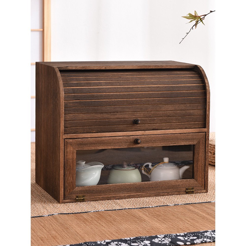 เครื่องสําอางเครื่องเขียนชั้นวางป้องกันฝุ่นกาน้ําชาชุดน้ําชาถ้วยชากล่องเก็บชาไม้เนื้อแข็งสองชั้นตู้เ