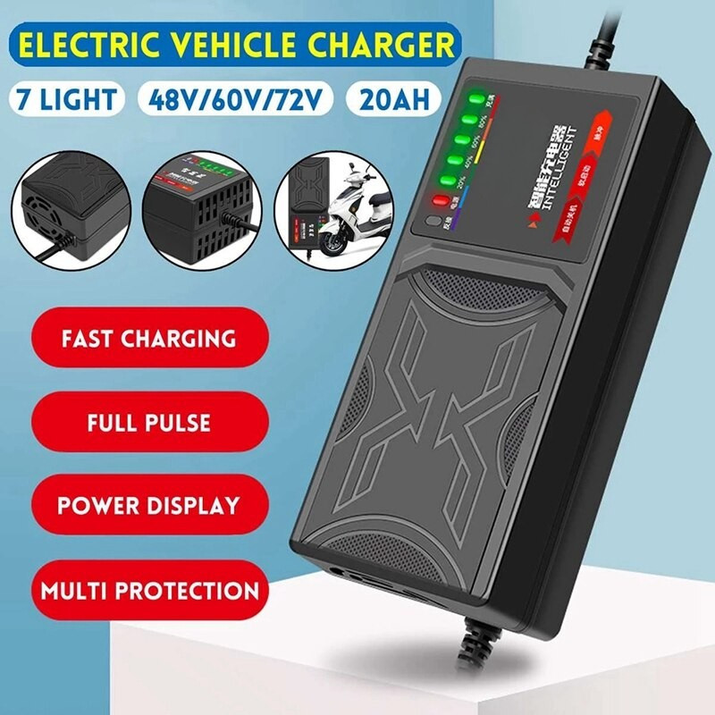 สายชาร์ทแบตเตอรี่ลิเธียม 48V 60V 72V 20AH 12AH พร้อมไฟ LED สำหรับรถไฟฟ้า/จักรยานไฟฟ้า