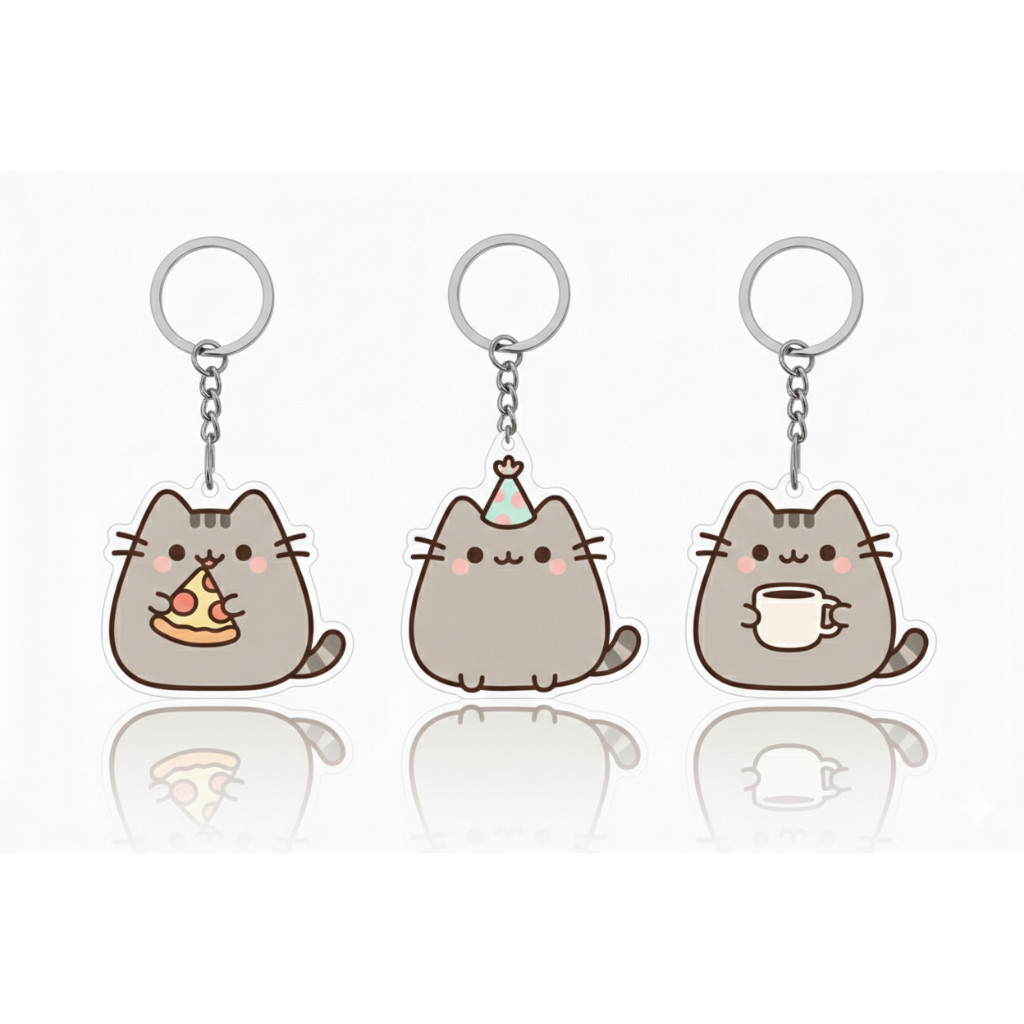 พวงกุญแจแมวสีเทาทรงกลม Pusheen